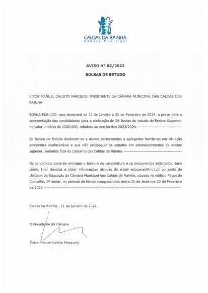 Candidaturas &agrave;s Bolsas de Estudo do Ensino Superior, atribu&iacute;das pelo Munic&iacute;pio das Caldas da Rainha.