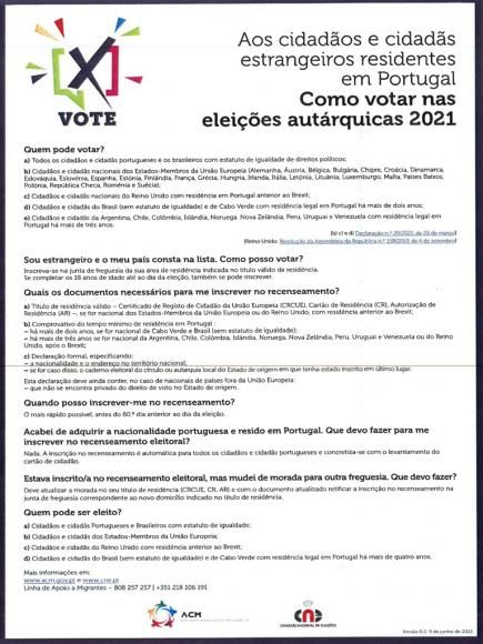 CIDADÃOS E CIDADÃS ESTRANGEIROS RESIDENTES EM PORTUGAL - COMO VOTAR NAS ELEIÇÕES AUTÁRQUICAS 2021