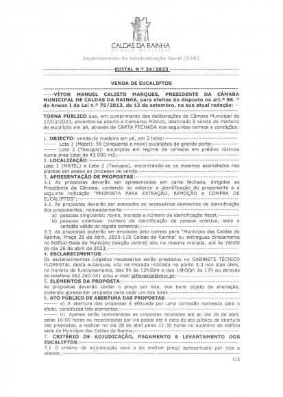 Município das Caldas da Rainha - Edital n.º 24/2023, relativo à venda de lotes de eucaliptos - Nuno Santos | Técnico Superior  Gabinete Técnico Florestal