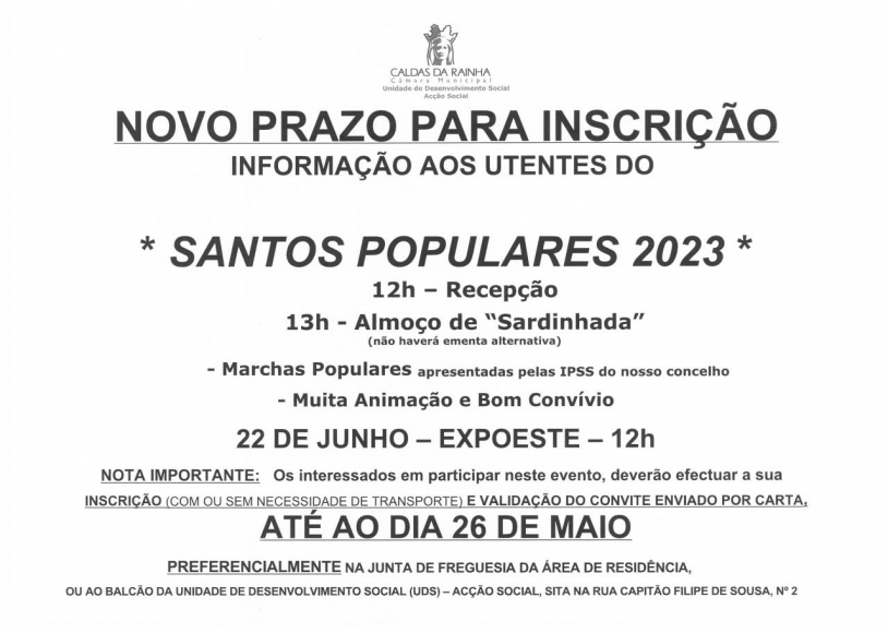Festa dos Santos Populares 2023 - PRORROGAÇÃO DO PRAZO DE INSCRIÇÃO - Inscrições até dia 26 de Maio de 2023
